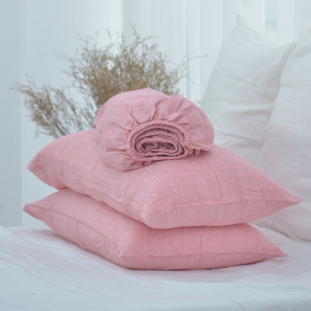 Red Pink French Linen Fitted Sheet Set - Yarn-Dyed with 2 Pillowcases