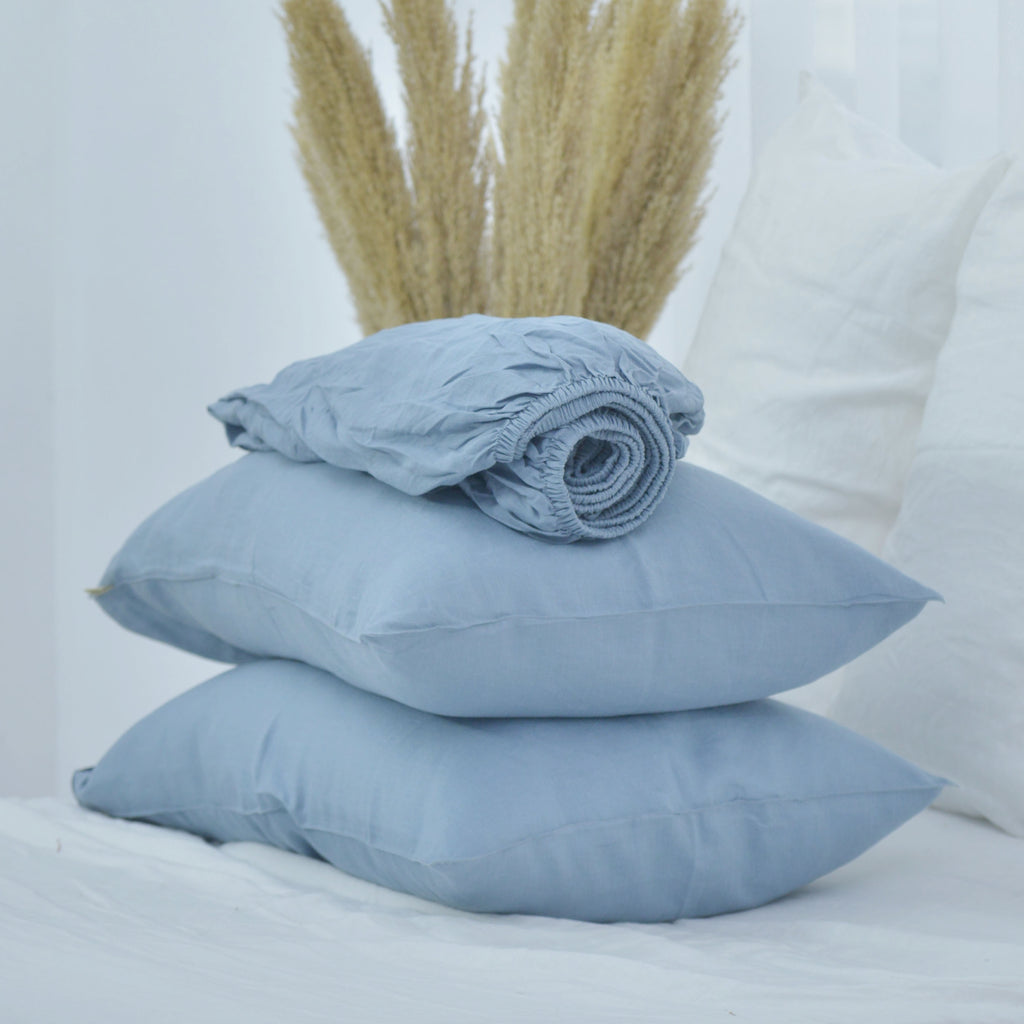 Slate Gray French Linen Fitted Sheet Set - Deep Pocket with 2 Pillowcases