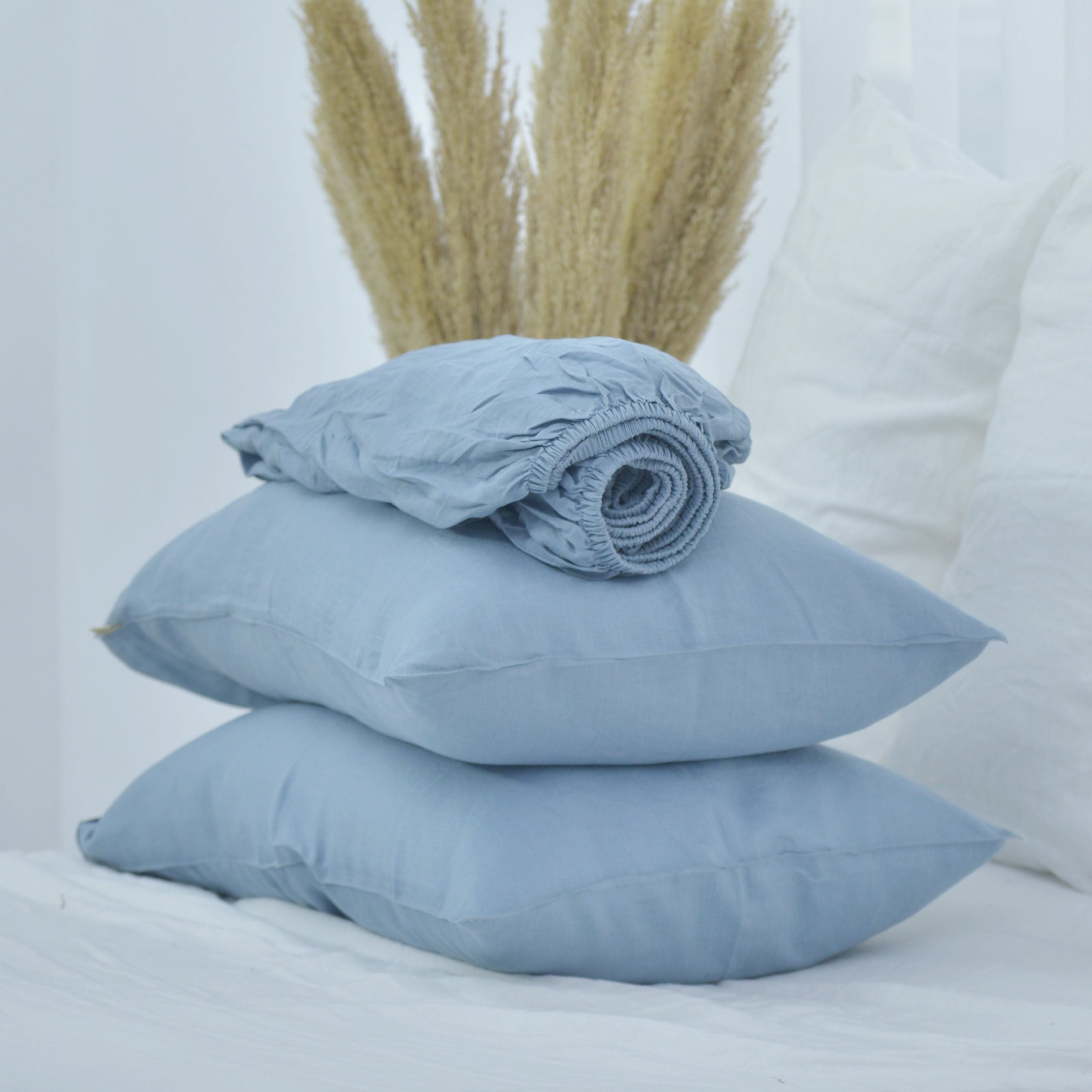 Slate Gray French Linen Fitted Sheet Set - Deep Pocket with 2 Pillowcases