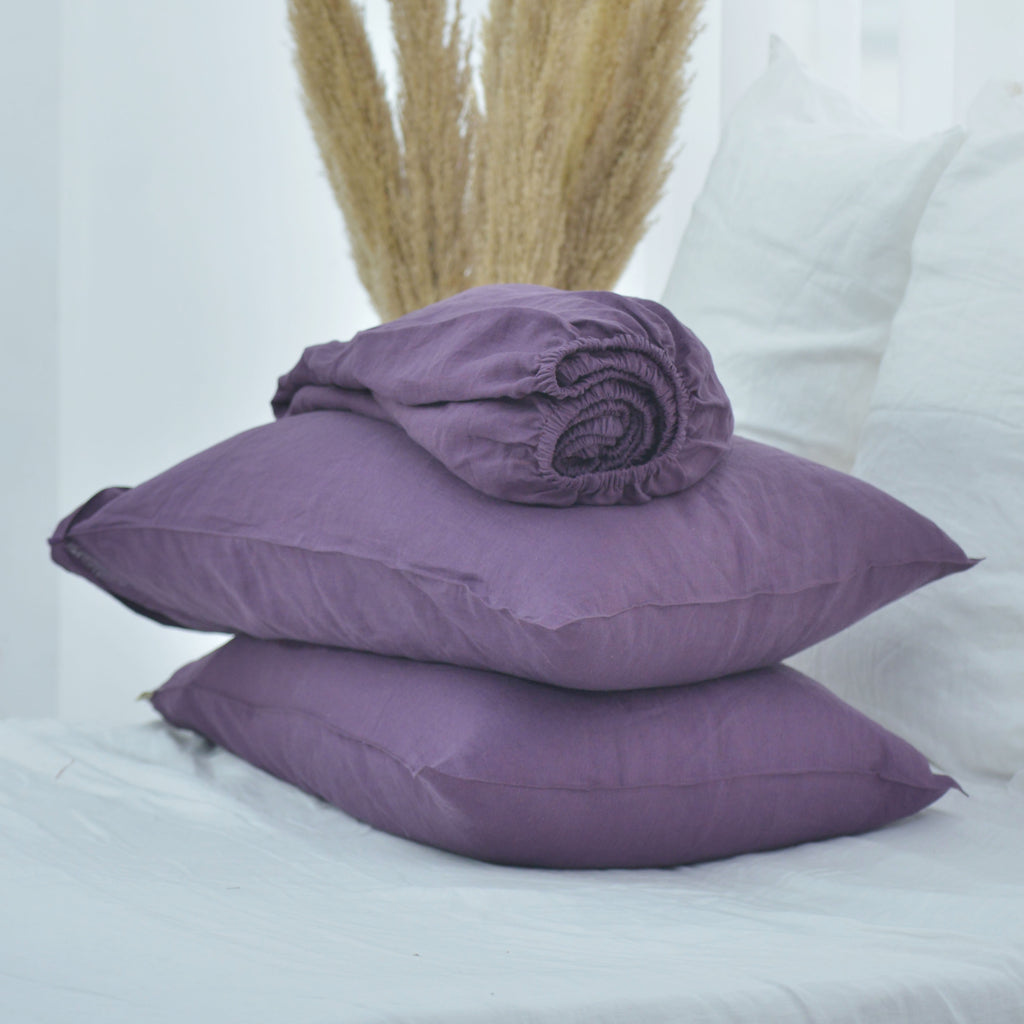 Violet Purple French Linen Fitted Sheet Set - Deep Pocket with 2 Pillowcases