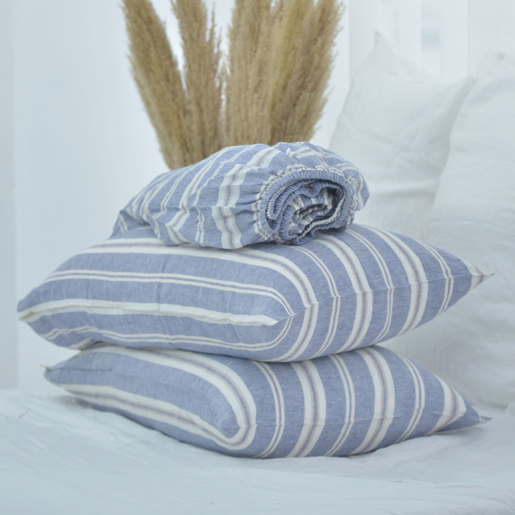 Wide Striped French Linen Fitted Sheet Set - Yarn-Dyed with 2 Pillowcases