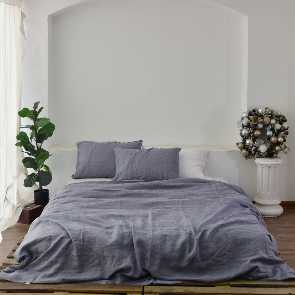 Steel Gray French Linen Duvet Cover Set - Soft & Breathable 4-Piece