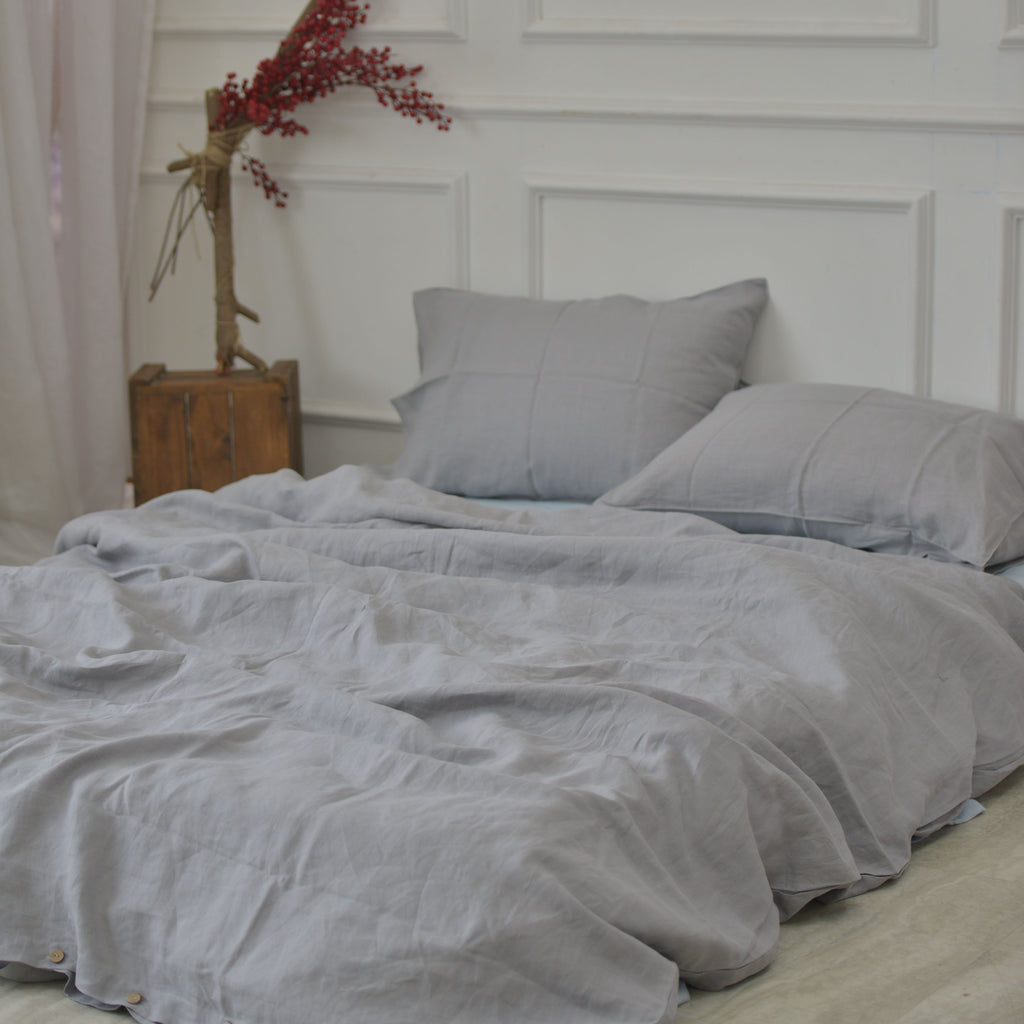 Steel Gray French Linen Fitted Sheet Set - Deep Pocket with 2 Pillowcases
