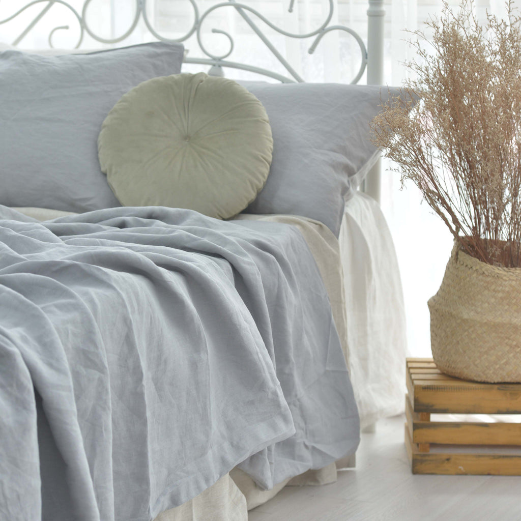 Silver French Linen Fitted Sheet Set - Deep Pocket with 2 Pillowcases