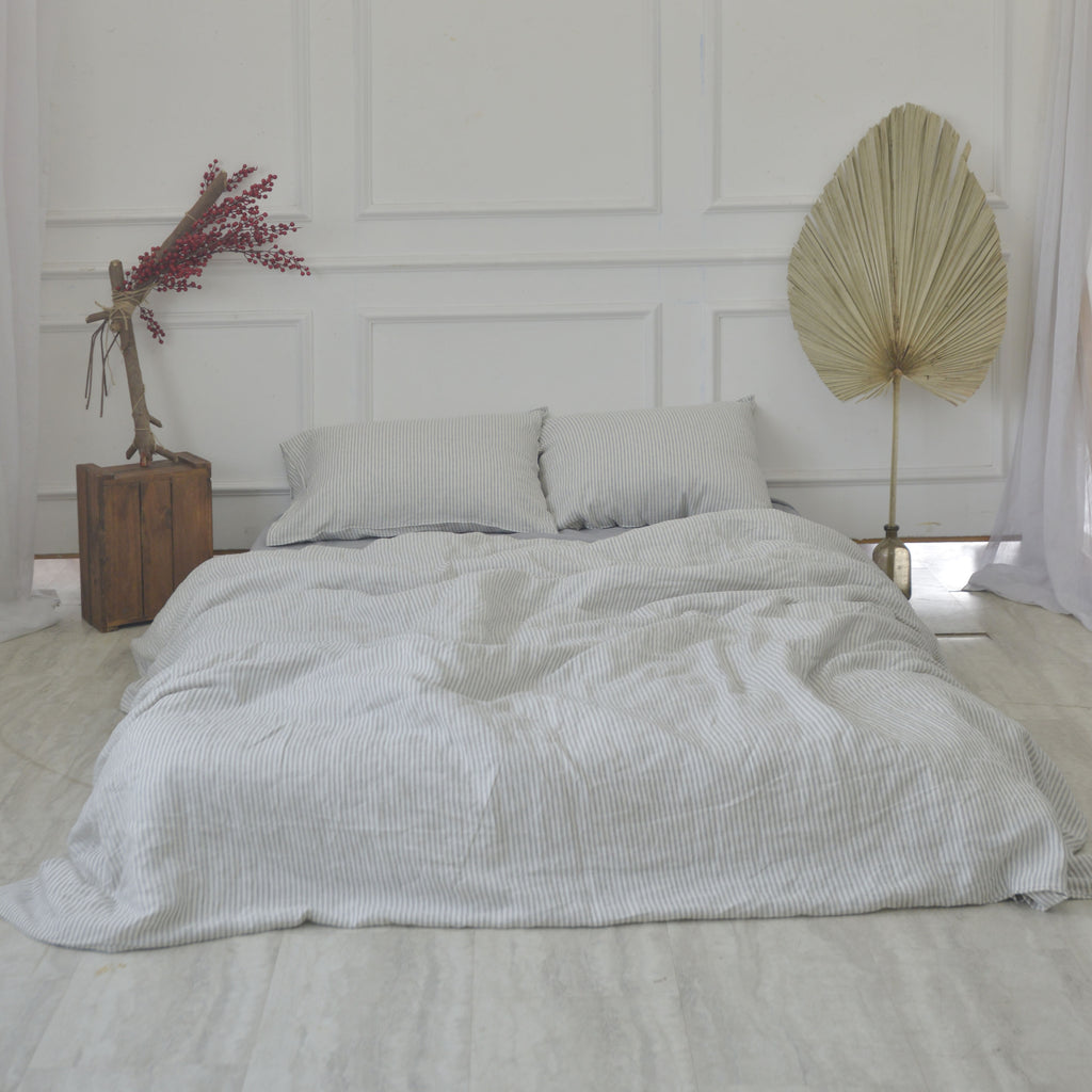 Striped French Linen 4-Piece Duvet Cover Set | Yarn-Dyed | Handmade