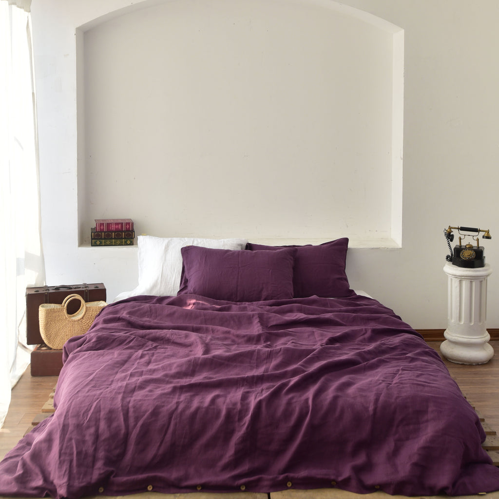 Violet Purple French Linen Duvet Cover Set - Soft & Breathable 4-Piece