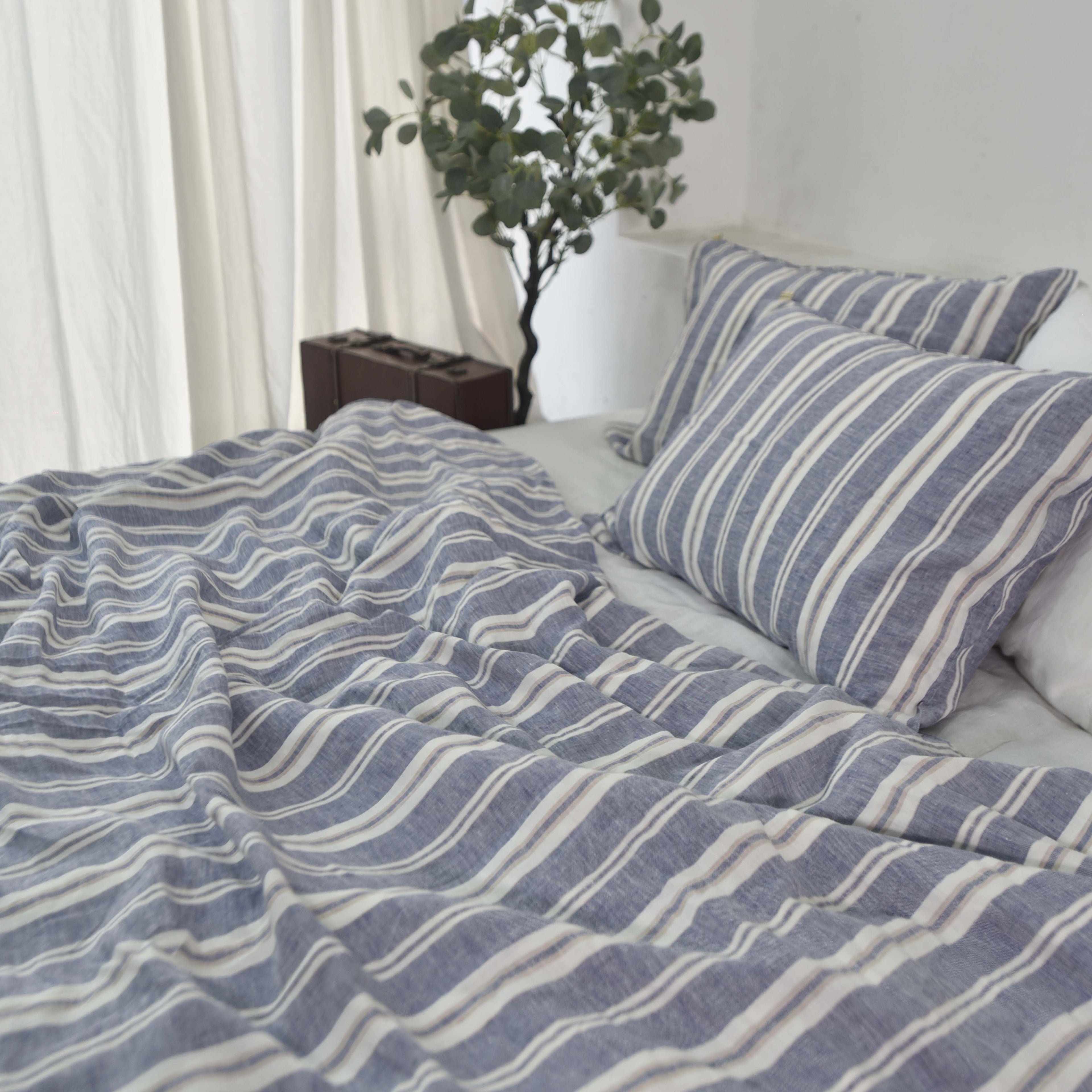 Wide Striped French Linen Duvet Cover+2 Pillowcases Set - Yarn Dyeing 55