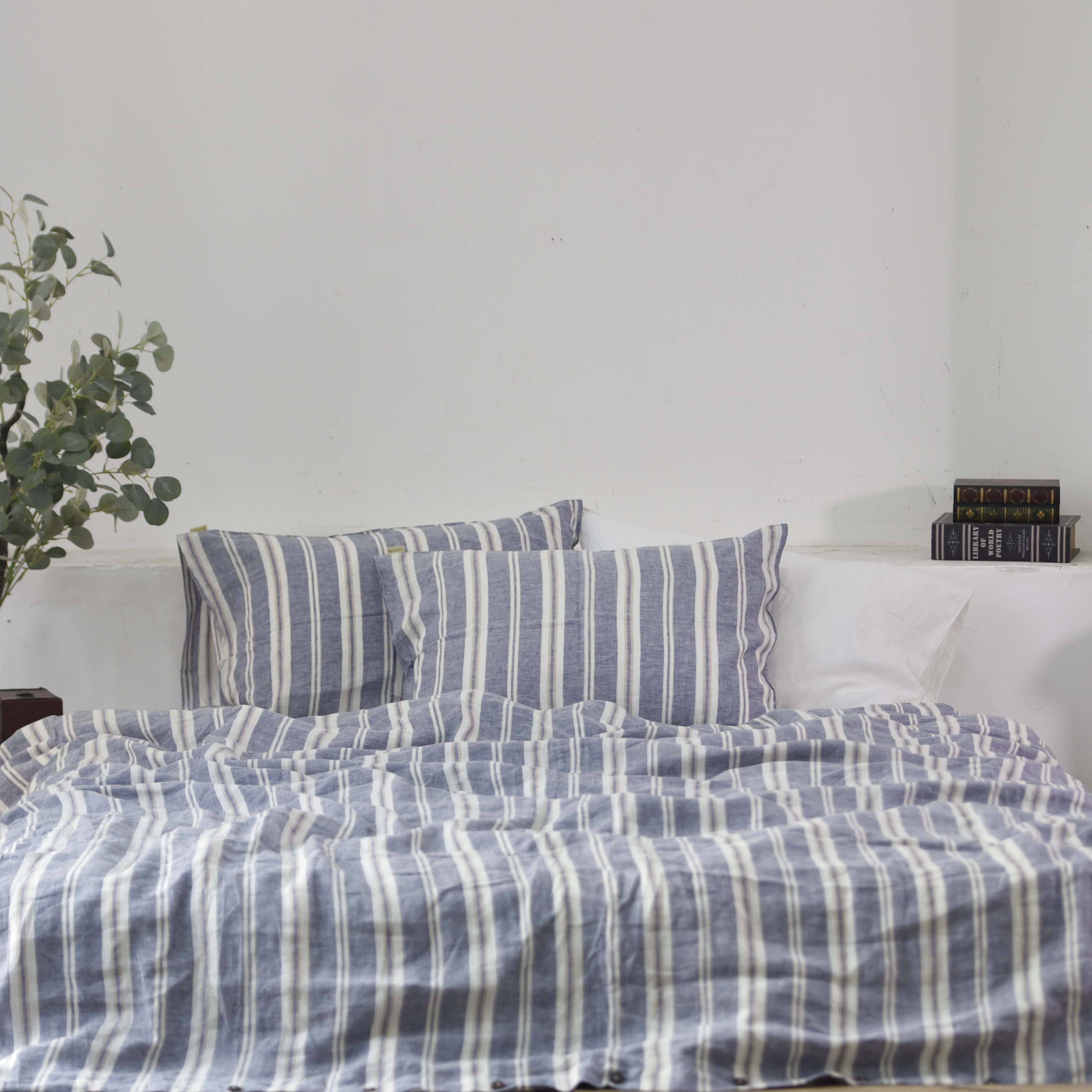 Wide Striped French Linen Fitted Sheet - Yarn-Dyed Deep Pocket
