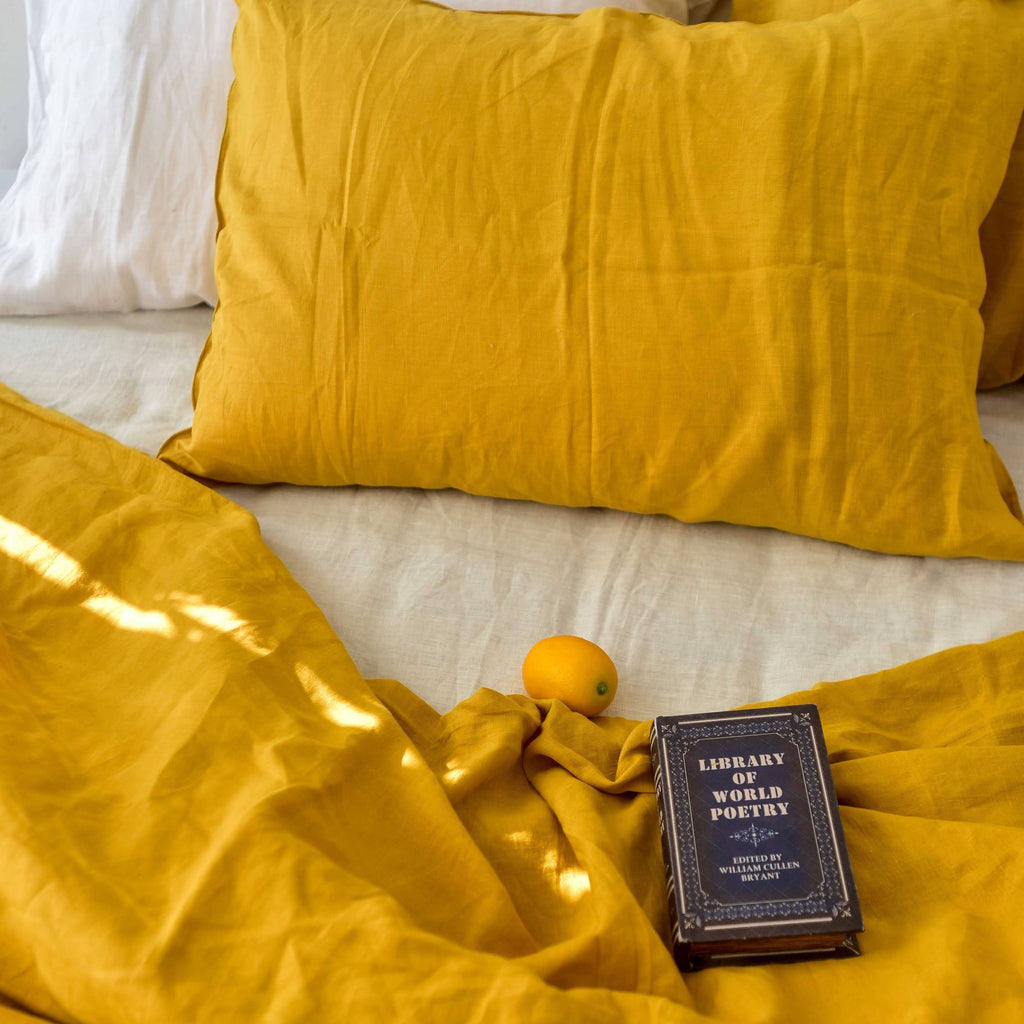 Yellow French Linen Duvet Cover Set - Soft & Breathable 4-Piece