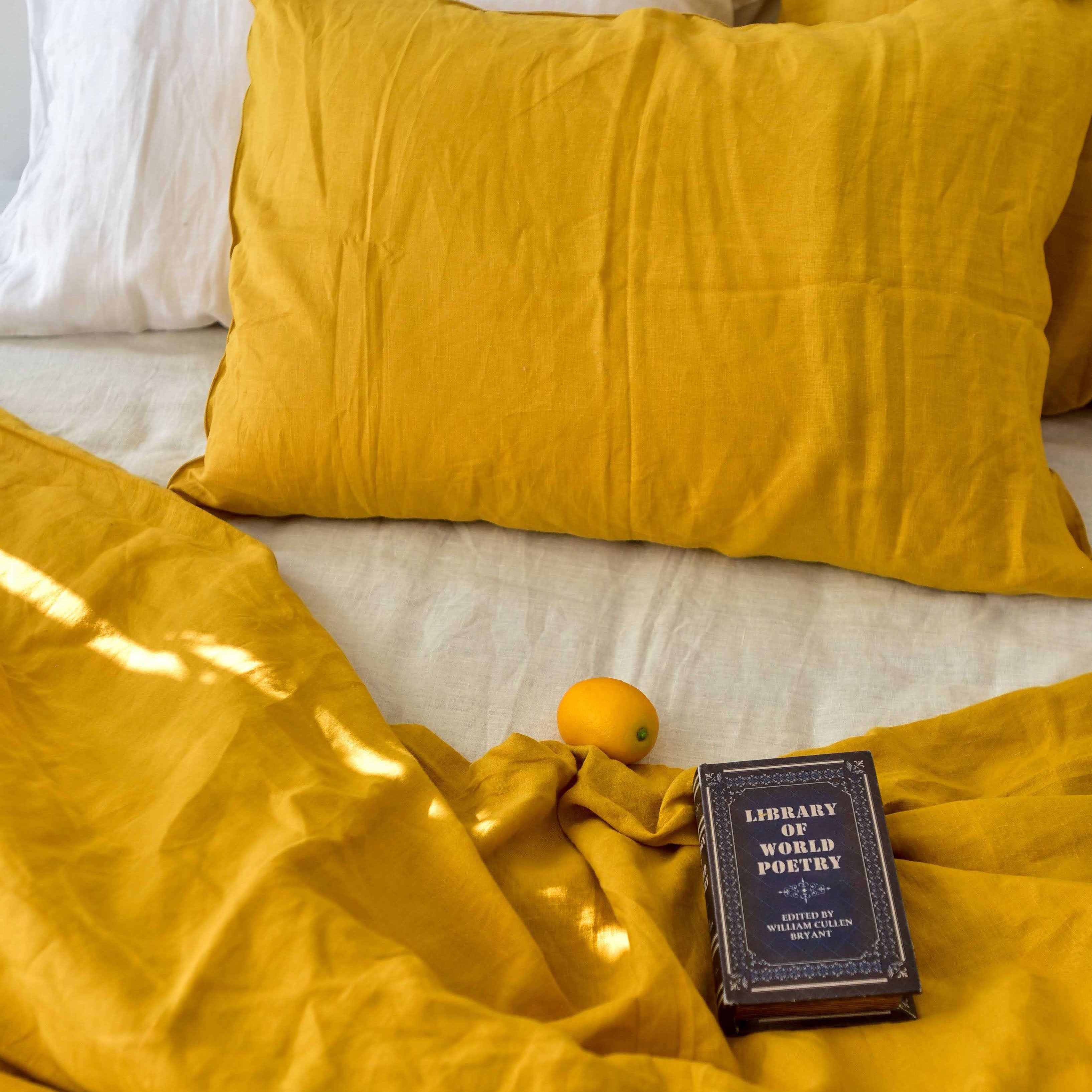 Yellow French Linen Duvet Cover Set - Soft & Breathable 4-Piece