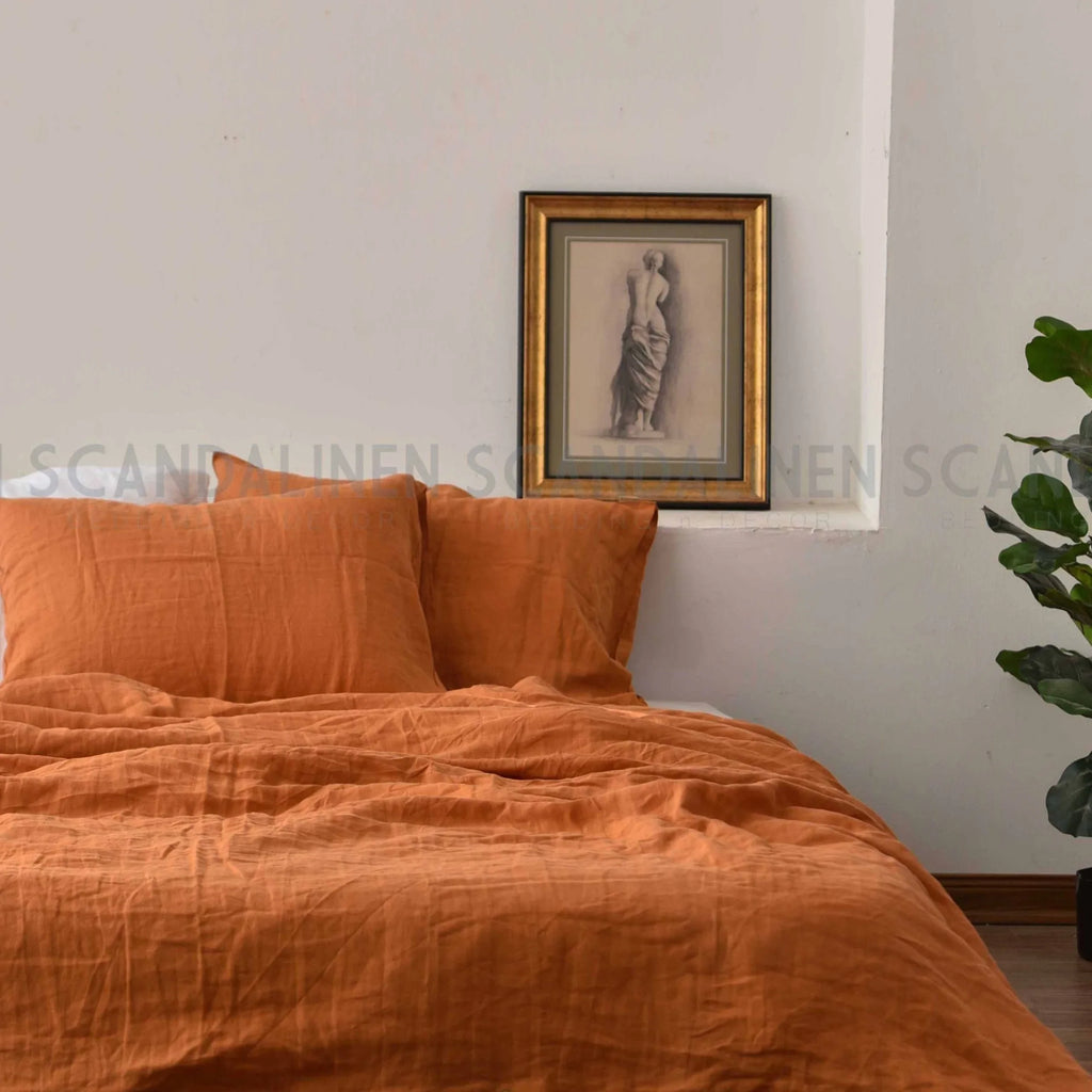 Orange French Linen Duvet Cover Set - Soft & Breathable 4-Piece